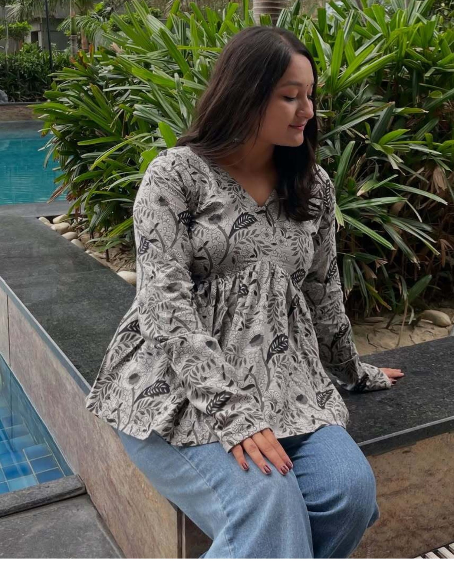 Grey Floral Cotton Short Top