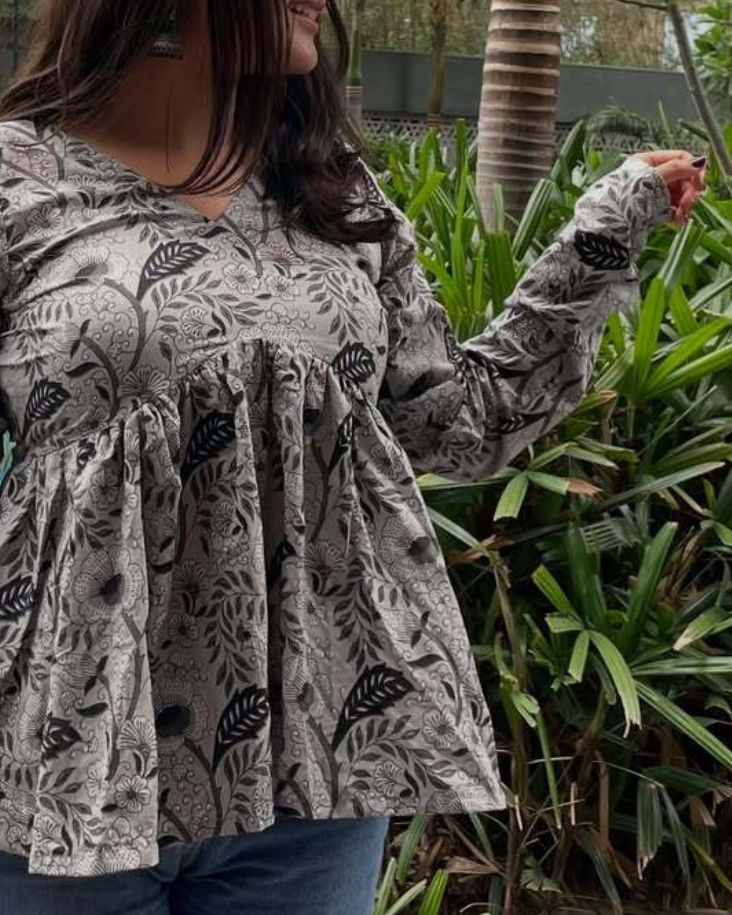 Grey Floral Cotton Short Top