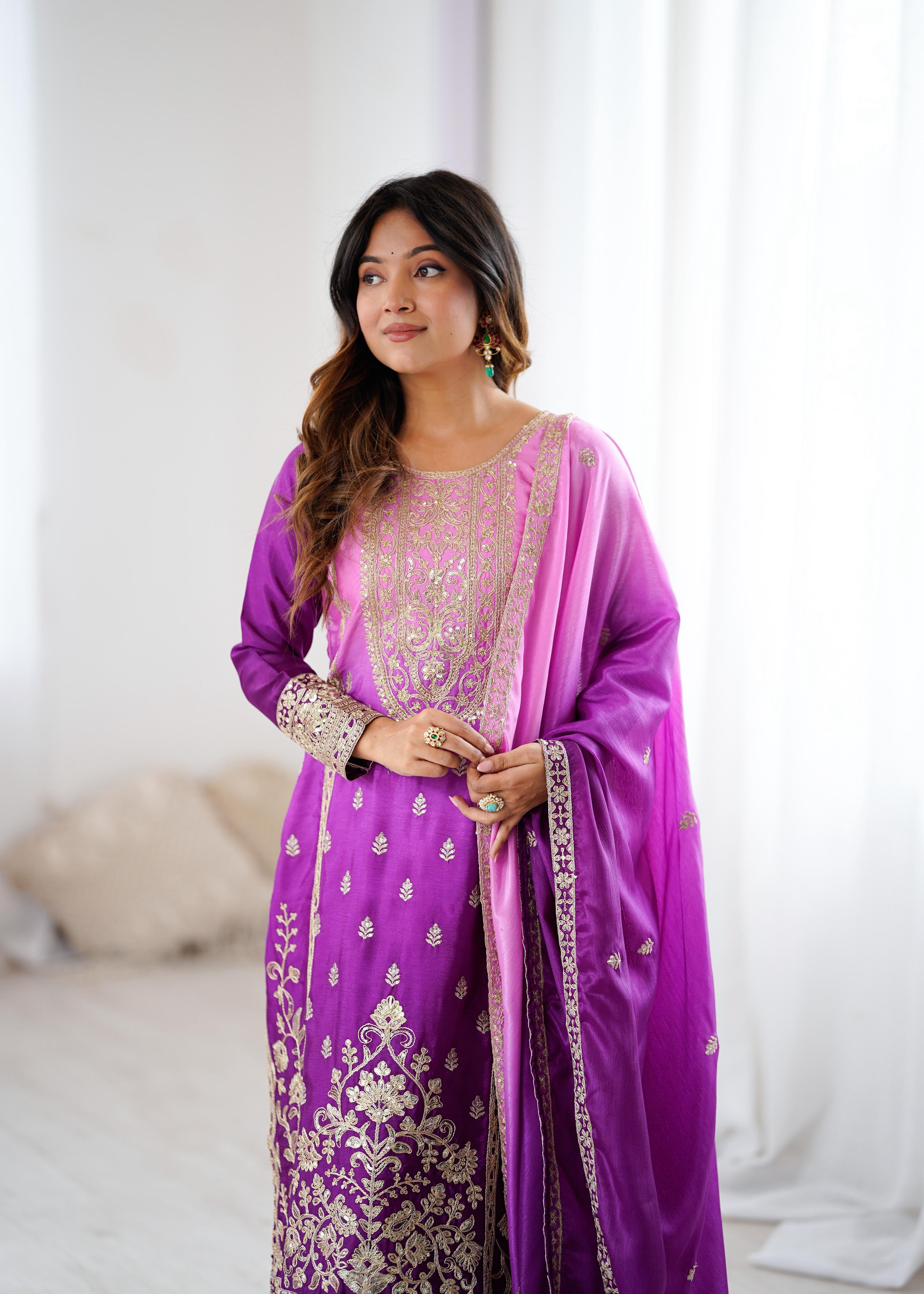 Premium Chinon Silk Embroidered Kurti Plazzo Set with Dupatta SSVF SP_36