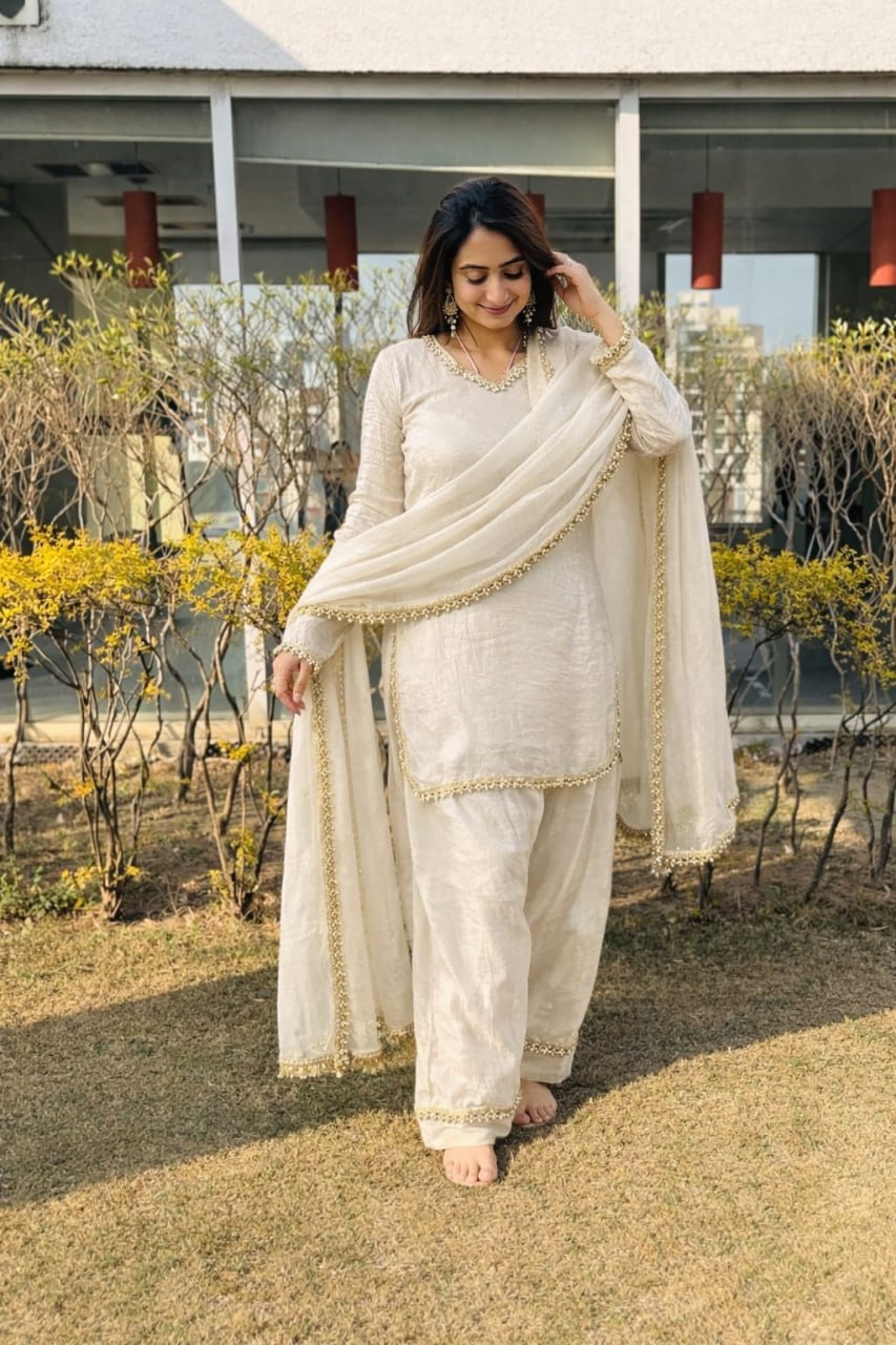 Premium Fendi Silk Embroidered Kurta Set with Mirror Work & Lace Border for Women-RO13902_1155