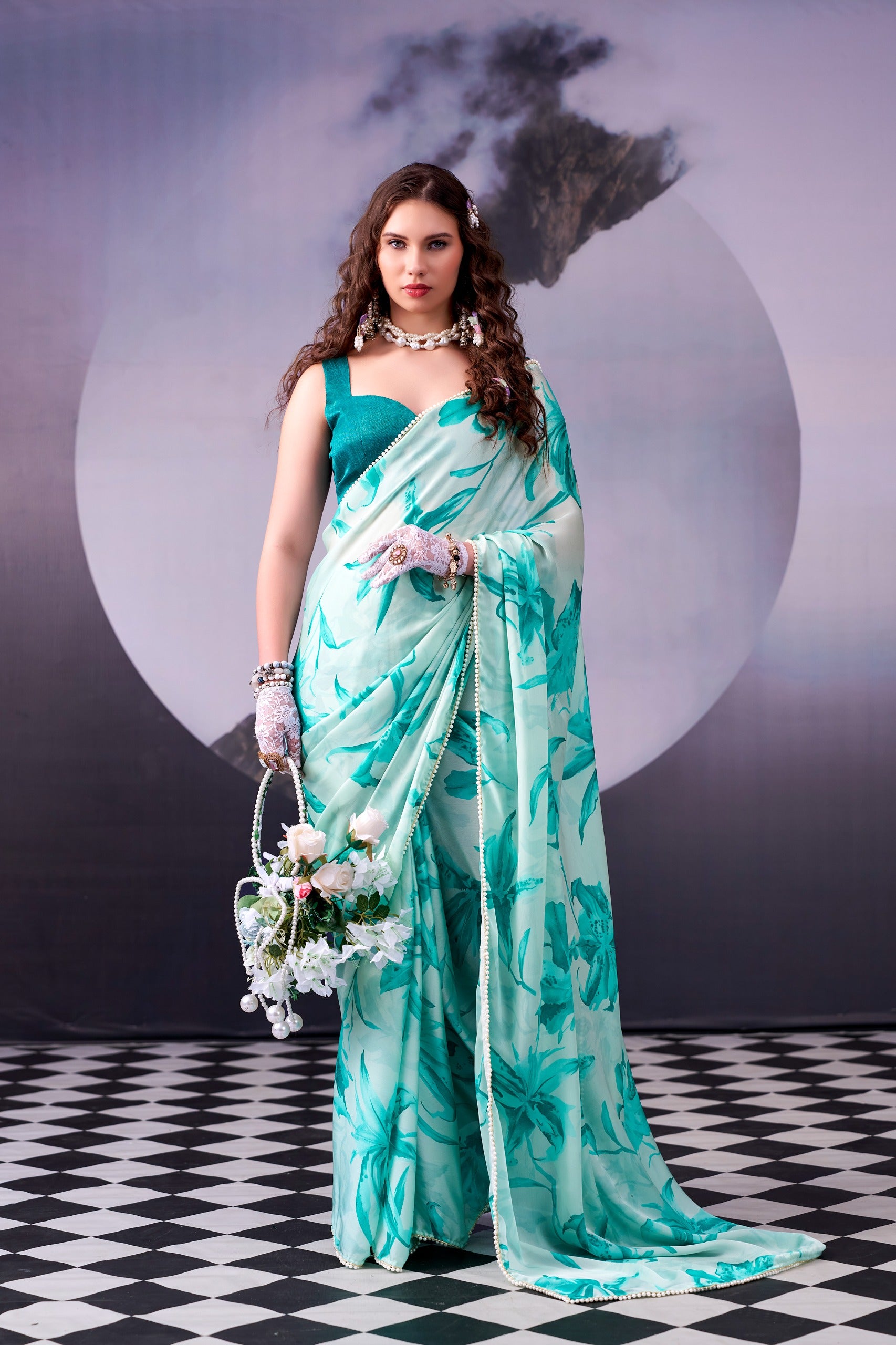 Satin Silk Floral Print Saree with Pearl Lace Border – KALKI-04.699SS