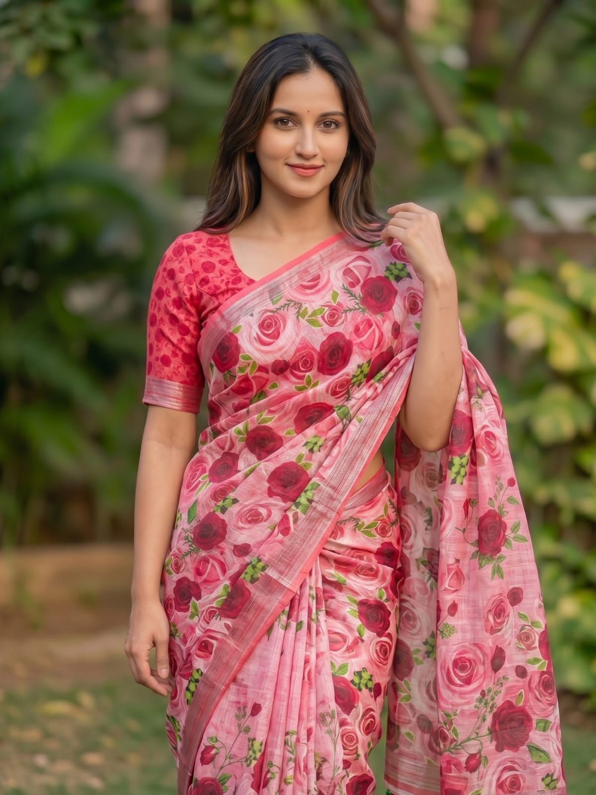 Linen Saree with Silver Jari Border – MG357.560SS
