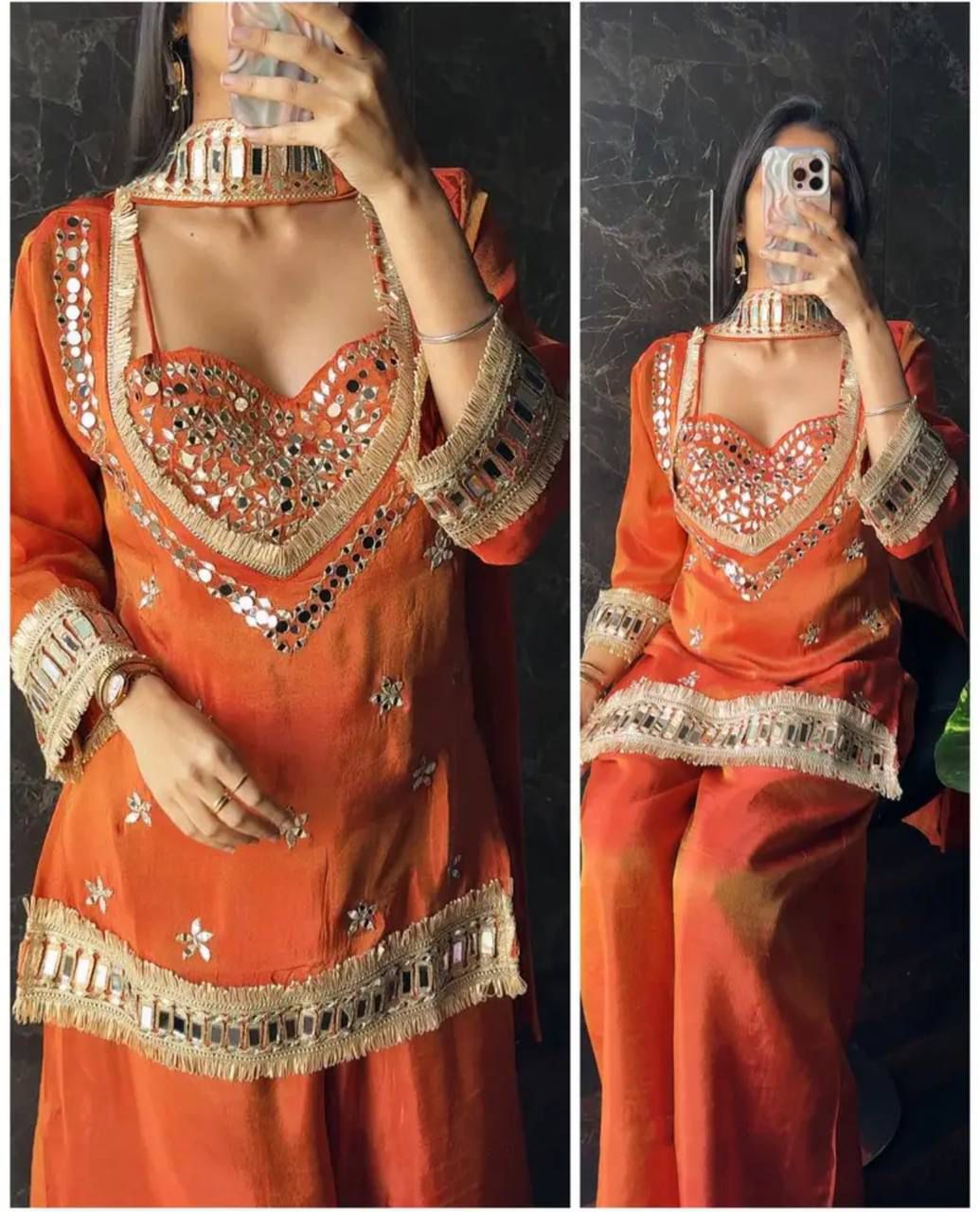 Elegant Chinon Party Wear Co-Ord Set with Bustier, Palazzo & Dupatta.