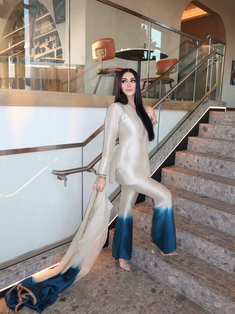Designer Party Wear Roman Glass Embroidered Top Palazzo & Organza Dupatta Set for Women.RE1070