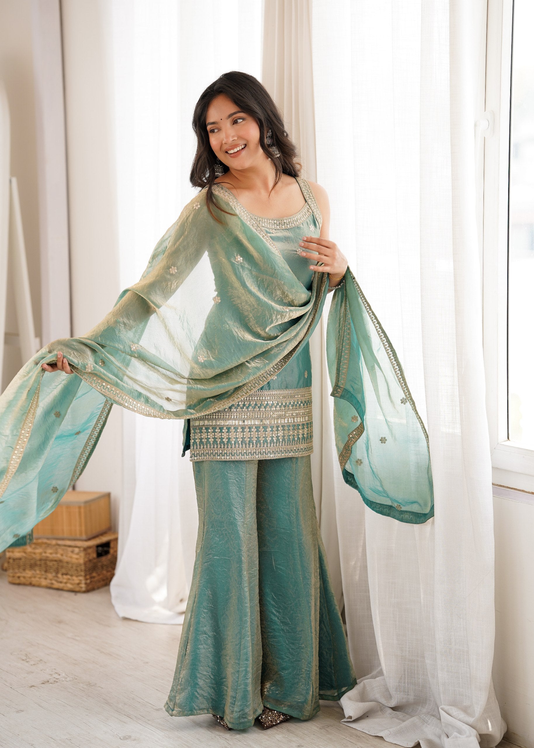 Designer Trendy Silk Embroidered Kurta Palazzo Set with Dupatta for Women | Sequence, Dori & Zari Work | RO1170