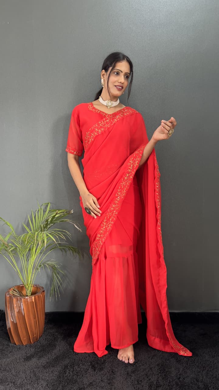 Georgette Embroidery Gown Saree with Sequence Work & Attached Pallu (HV-9203 ssvf.599)