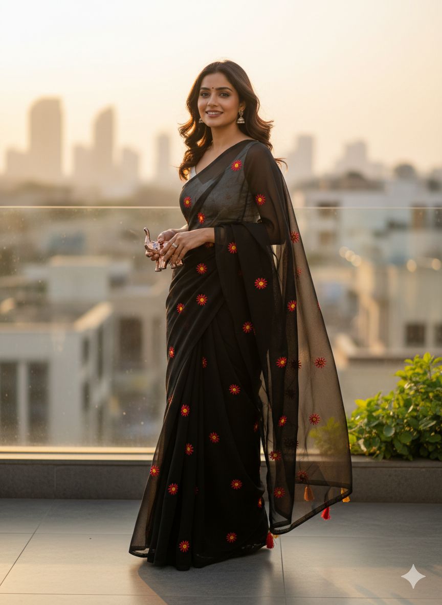 Georgette Sunflower Embroidery Saree_500SSVF