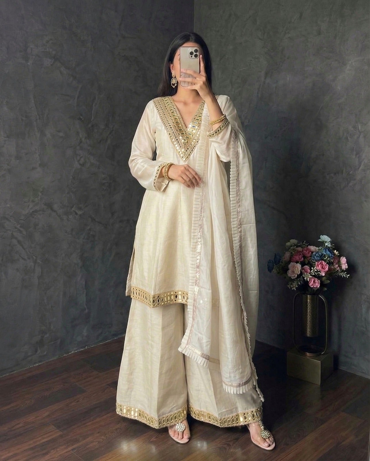 Designer Simmer Silk Suit Set with Mirror Work & Palazzo (KR- 1012 ssvf-1199)