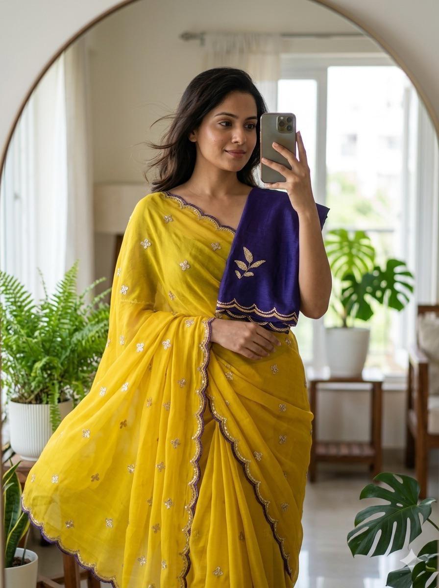 Chinon Silk Embroidery Saree with Contrast Blouse – DHURANDAR.650SSVF