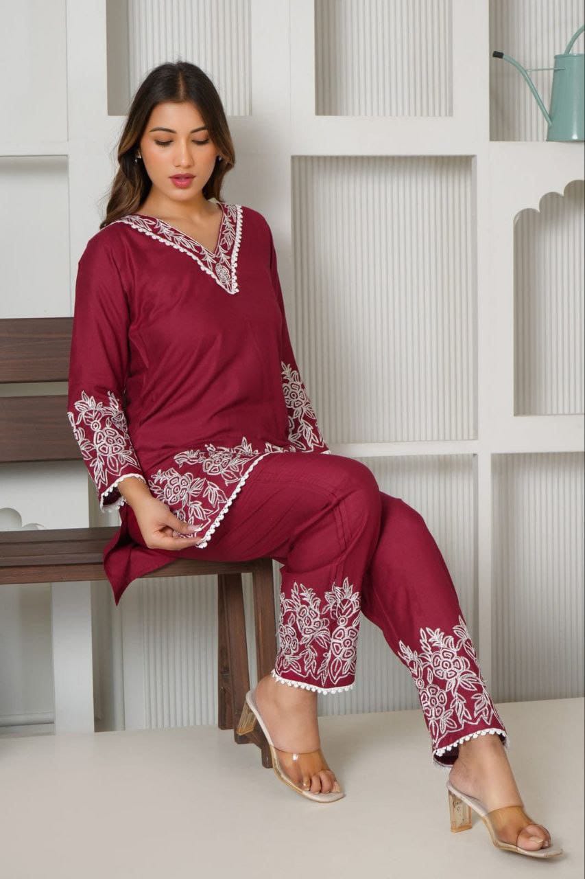 Tesla Cotton Slub Embroidered Kurti Set with Bottom – Free Shipping(SI-322 _550)