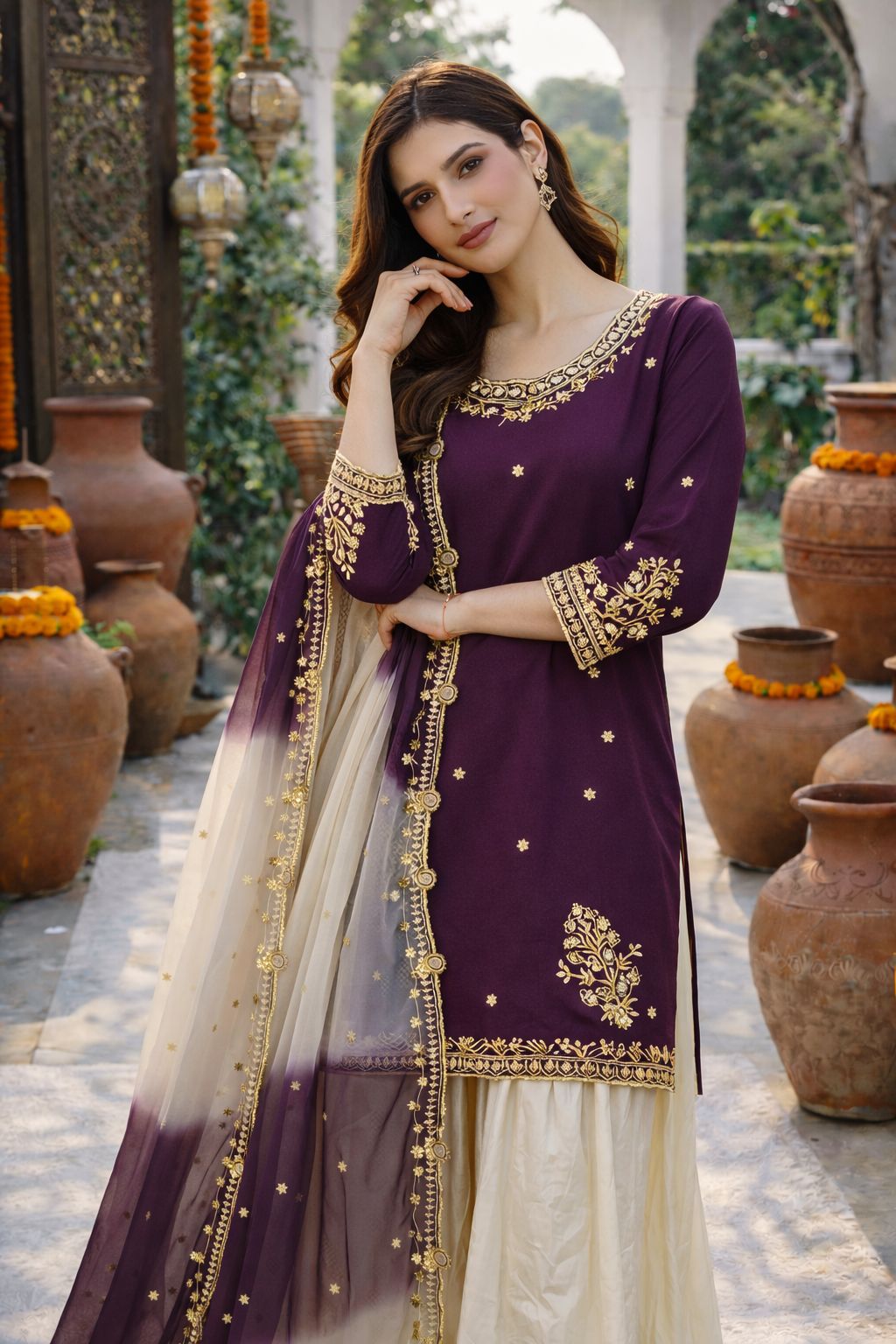 French Crepe Embroidered Kurti Set with Organza Dupatta ssvf_jL1041.1299