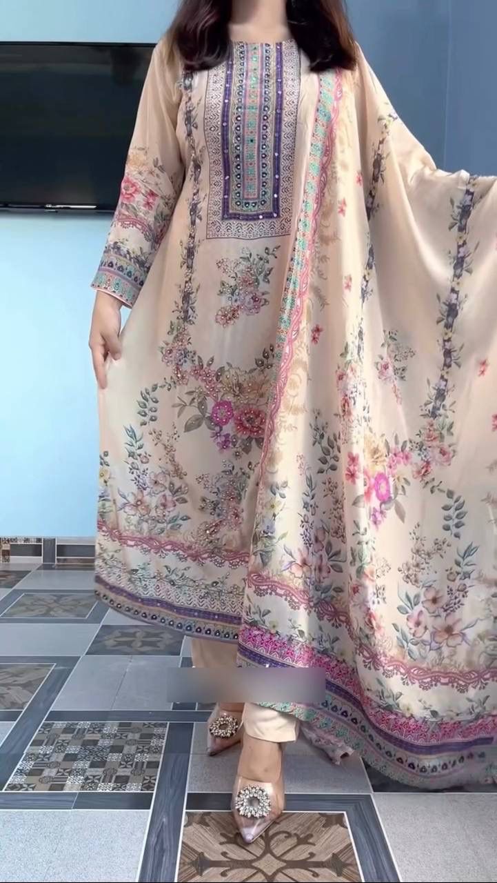 Premium Chinon Silk Kurti Pant Dupatta Set with Mirror & Stone Hand Work (DHK-1377 ssvf-1049)