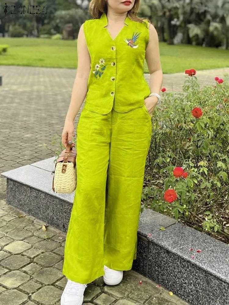 Trending Premium Cotton Slub Cord Set with Aari Bird & Flower Work – Top & Palazzo (ssvf_599)