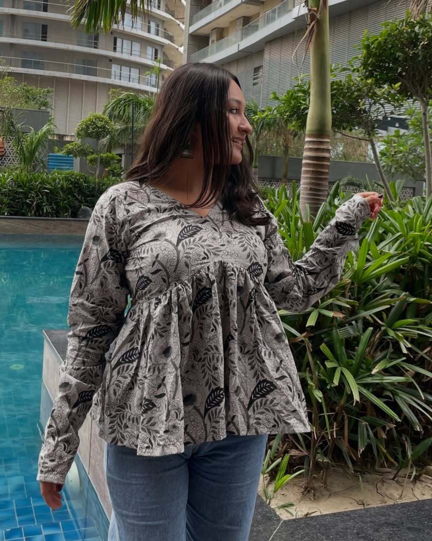 Grey Floral Cotton Short Top
