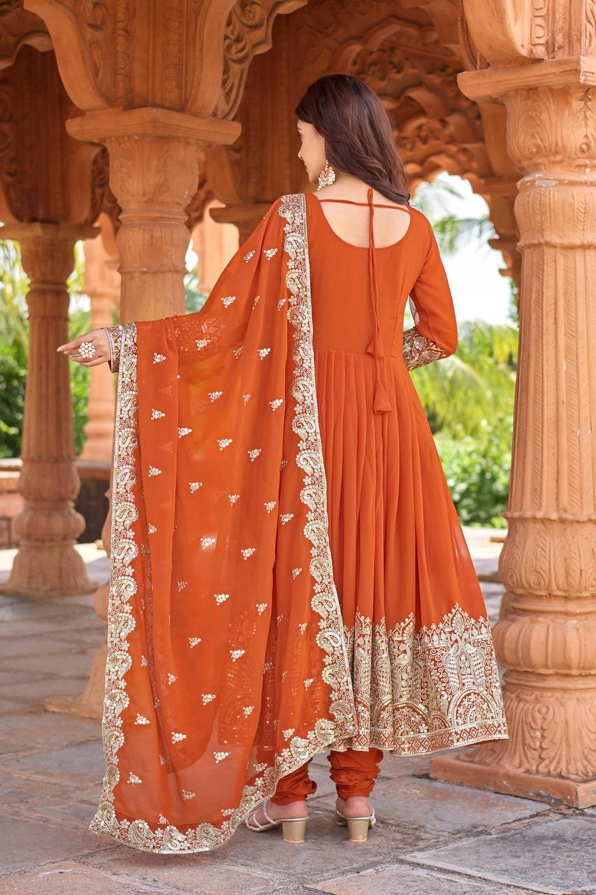 Elegant Party Wear Embroidered Georgette Anarkali Gown Set (Gown, Dupatta & Bottom)