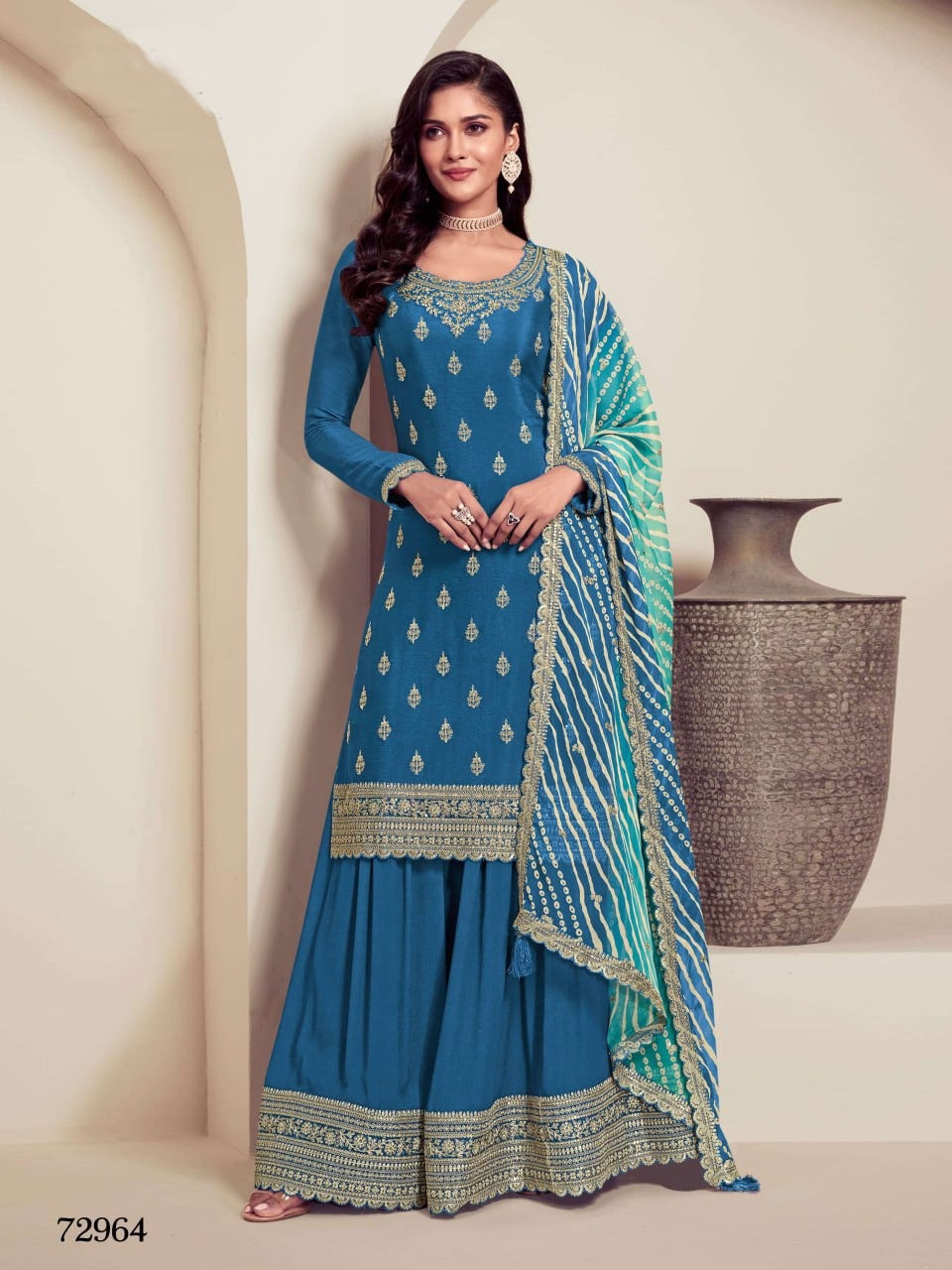 Heavy Chinon Semi-Stitched Embroidered Top &amp; Plazo Set with Dupatta