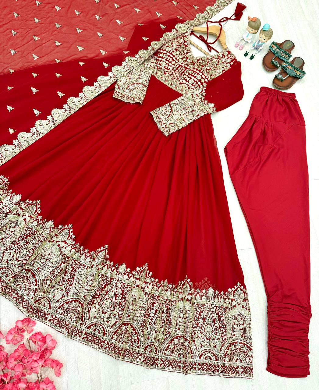 Elegant Party Wear Embroidered Georgette Anarkali Gown Set (Gown, Dupatta & Bottom)