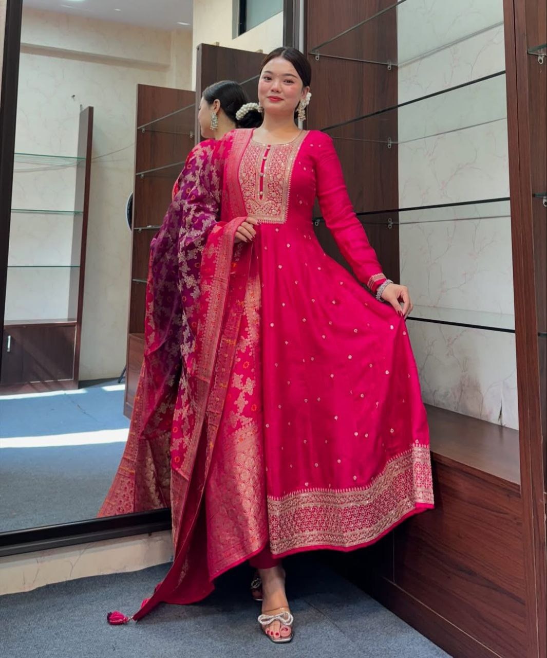 Elegant Banana Silk Anarkali Kurti Set with Banarasi Dupatta