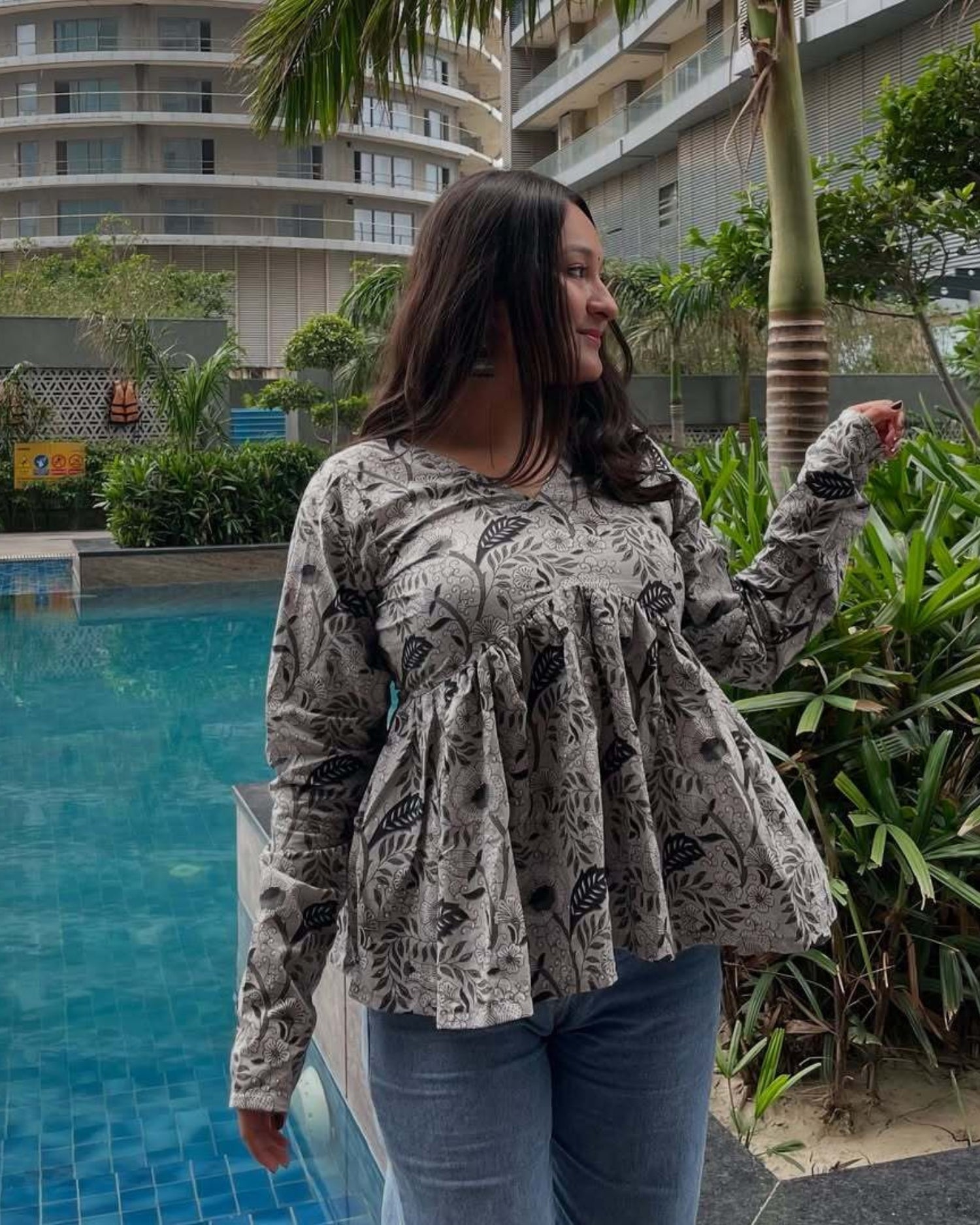 Grey Floral Cotton Short Top