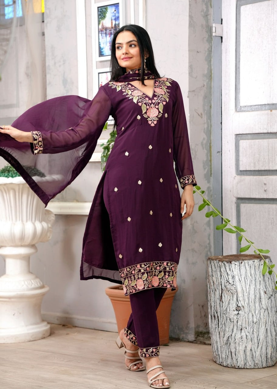 Elegant Embroidered Fox Georgette Suit Set