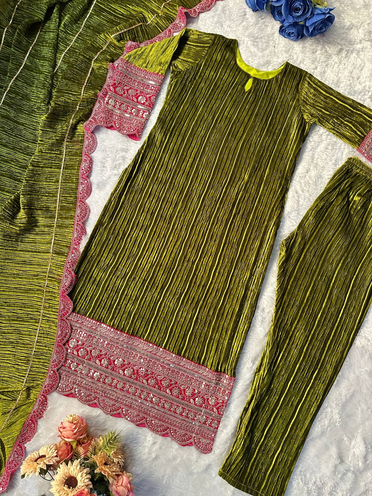Designer Velvet Embroidered Top & Pant Set with Fancy Dupatta | Premium Party Wear