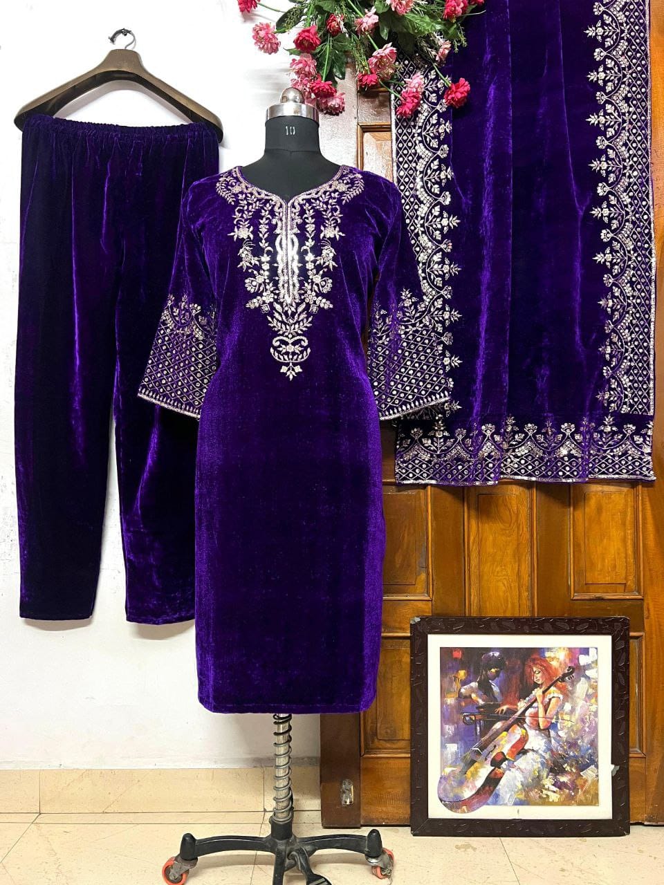 Premium Velvet Embroidered Kurta & Plazzo Set with Dupatta | Party & Festive Wear (3 Pc Set)