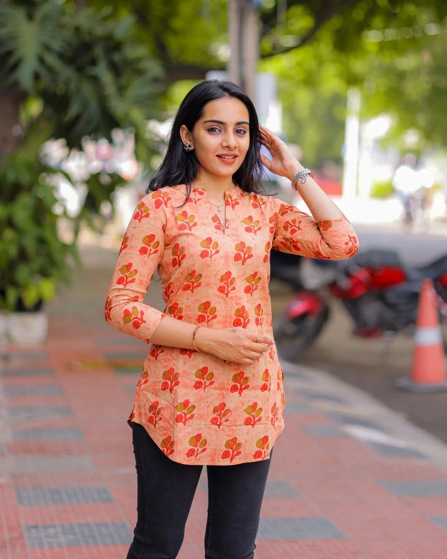 Orange Floral Cotton Short Top