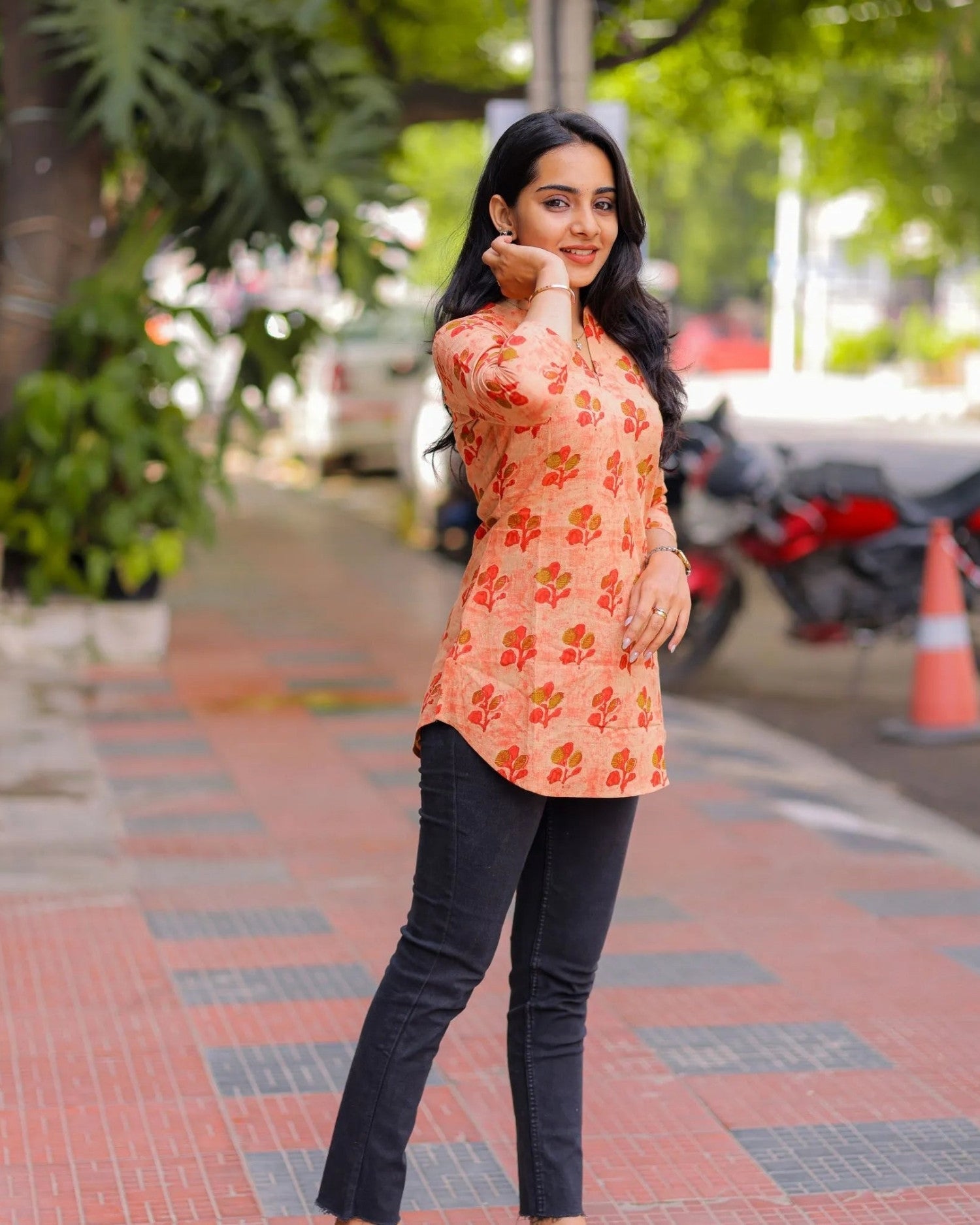 Orange Floral Cotton Short Top