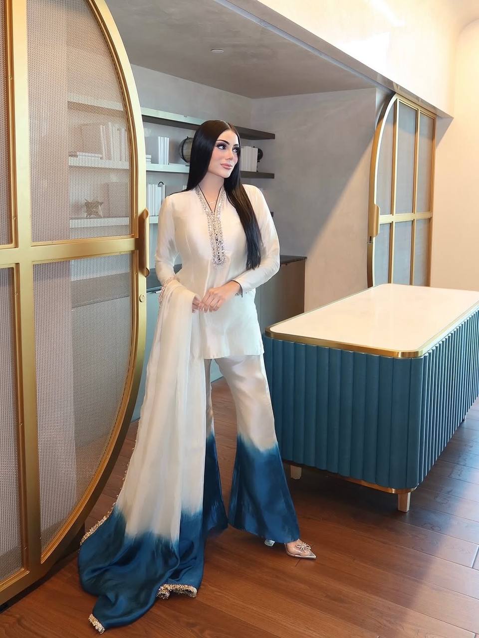 Designer Party Wear Roman Glass Embroidered Top Palazzo & Organza Dupatta Set for Women.RE1070