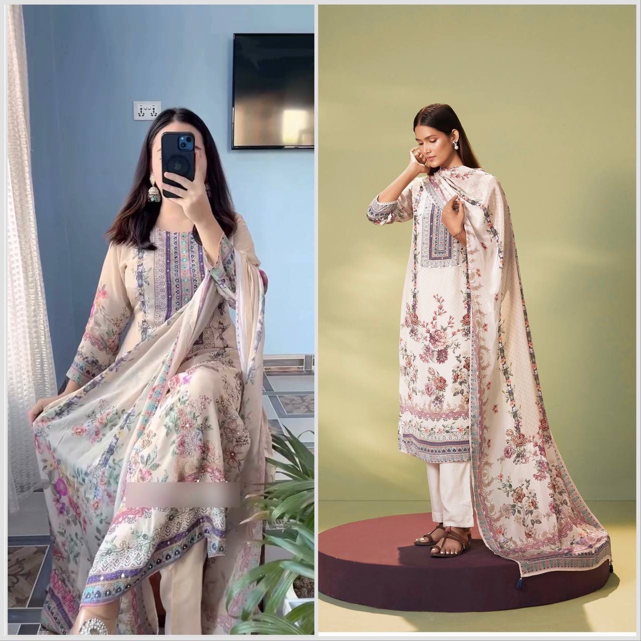 Premium Chinon Silk Kurti Pant Dupatta Set with Mirror & Stone Hand Work (DHK-1377 ssvf-1049)