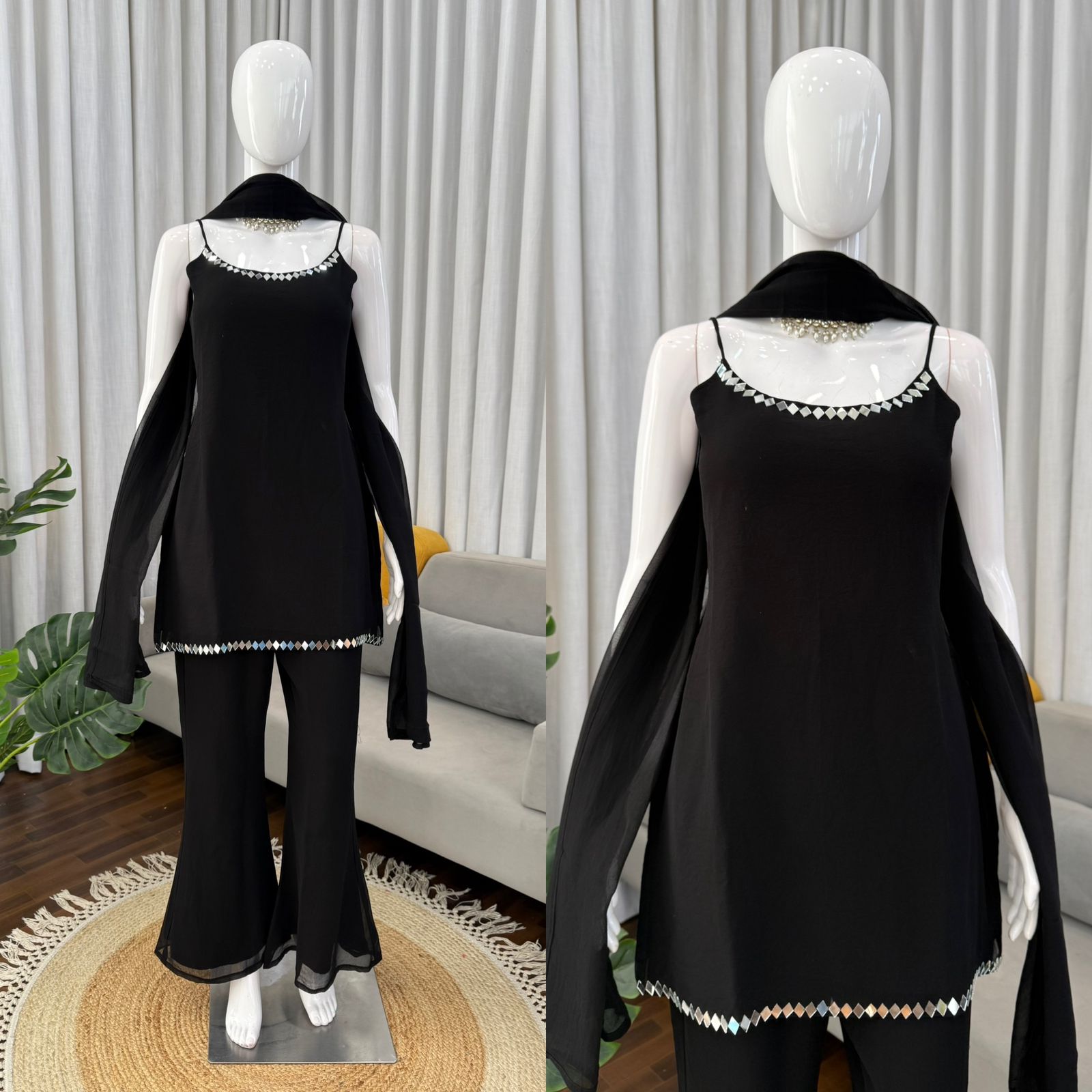 Mirror Work Faux Georgette Kurti Set with Bootcut Pants ssvf_kd1582