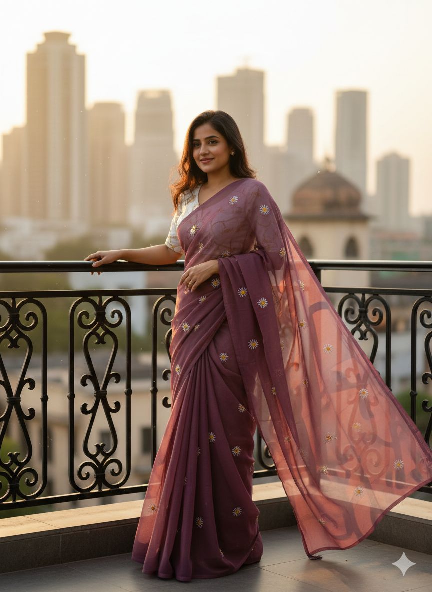 Georgette Sunflower Embroidery Saree_500SSVF