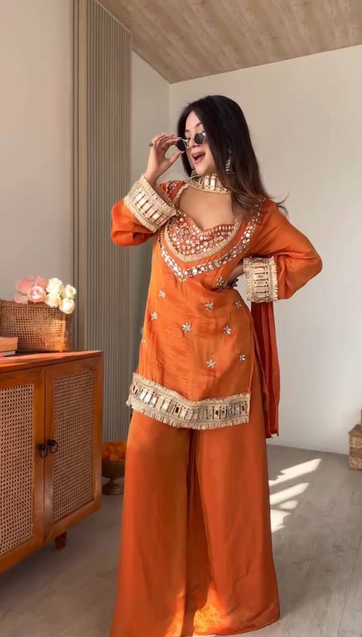 Elegant Chinon Party Wear Co-Ord Set with Bustier, Palazzo & Dupatta.