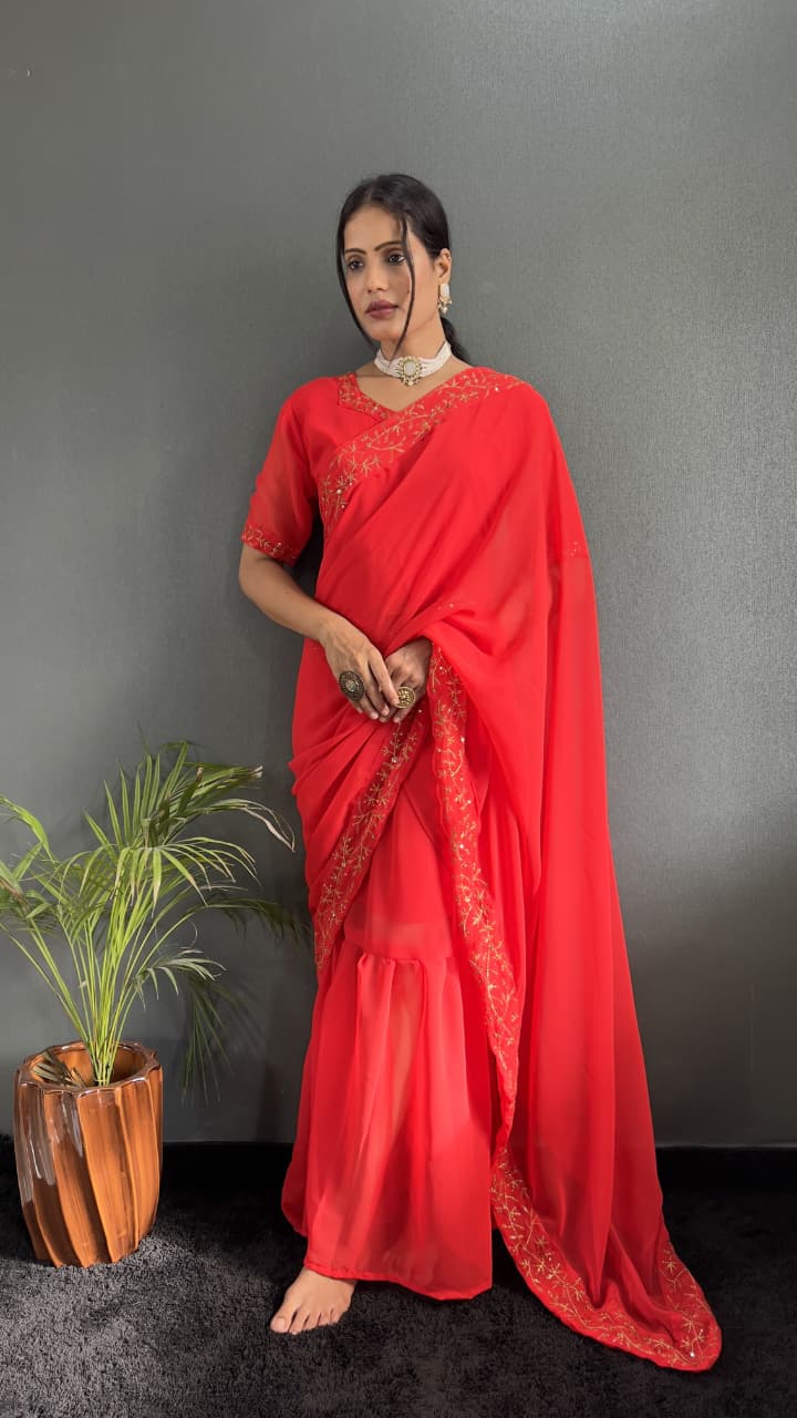 Georgette Embroidery Gown Saree with Sequence Work & Attached Pallu (HV-9203 ssvf.599)