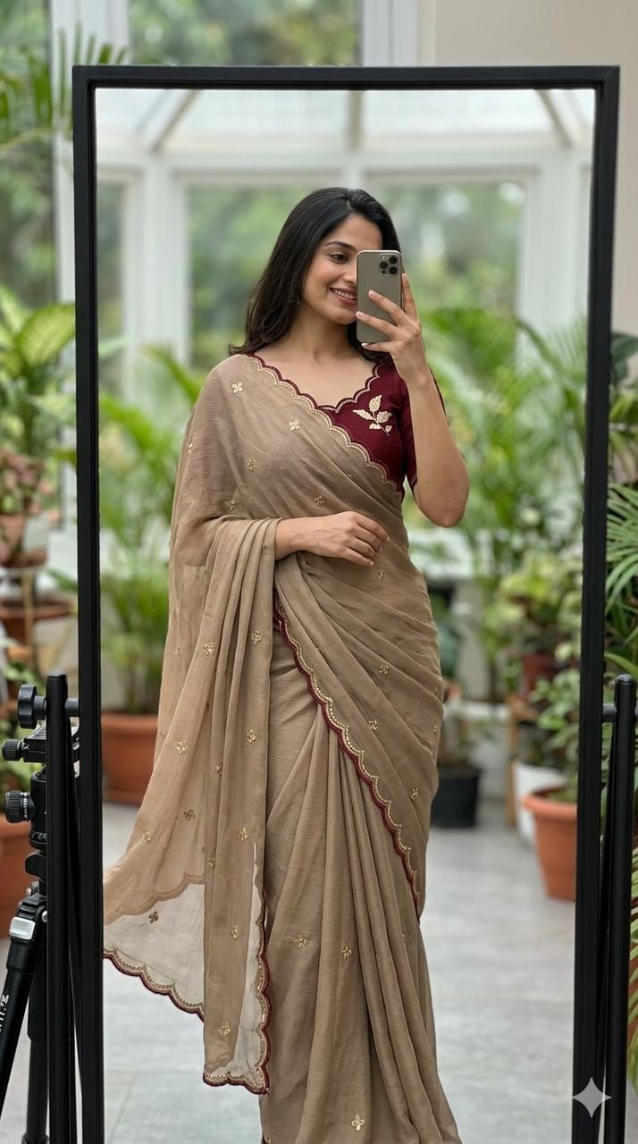 Chinon Silk Embroidery Saree with Contrast Blouse – DHURANDAR.650SSVF