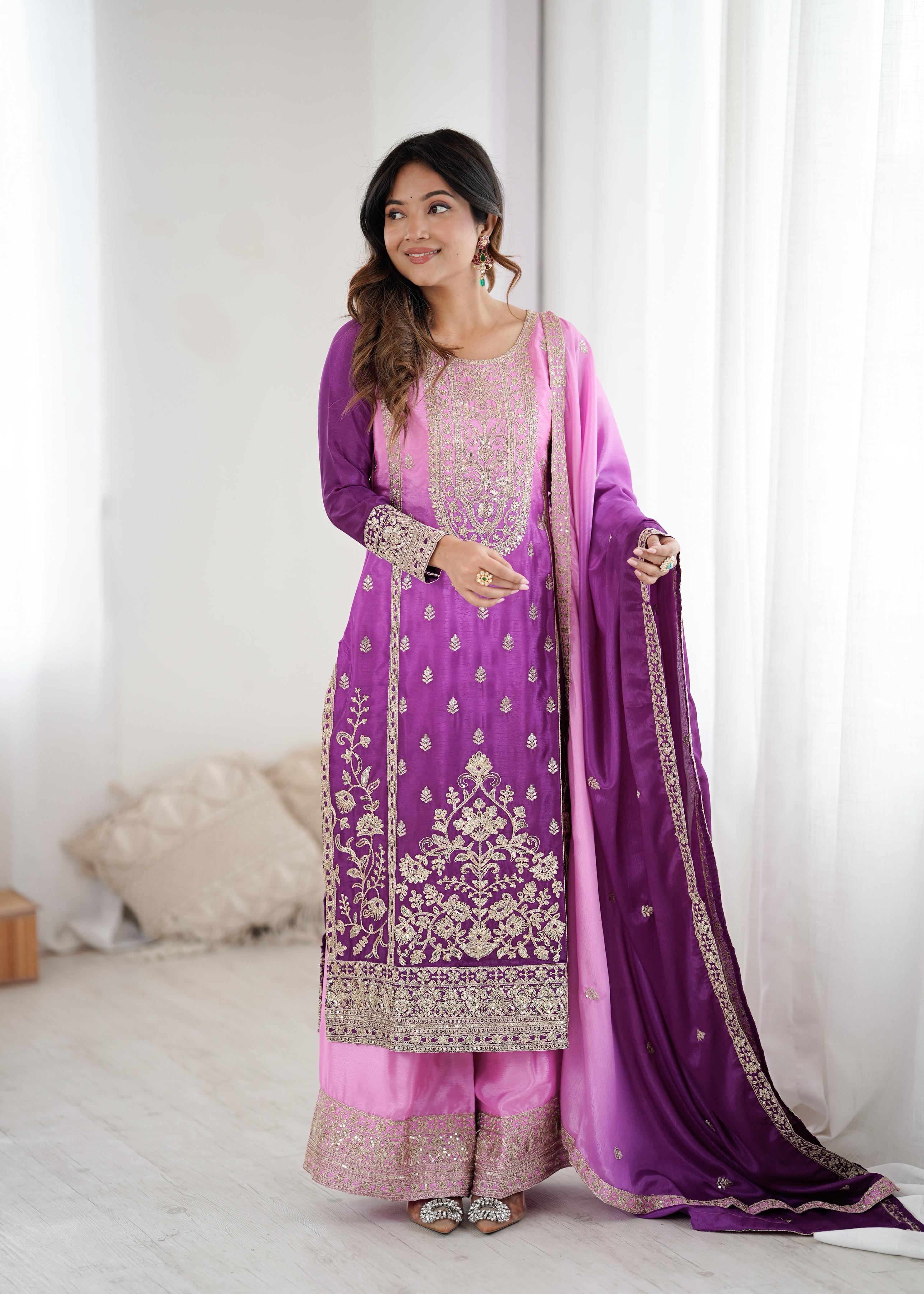 Premium Chinon Silk Embroidered Kurti Plazzo Set with Dupatta SSVF SP_36