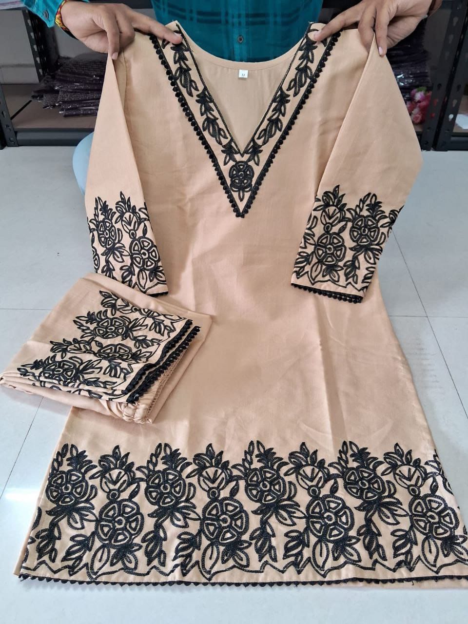 Tesla Cotton Slub Embroidered Kurti Set with Bottom – Free Shipping(SI-322 _550)