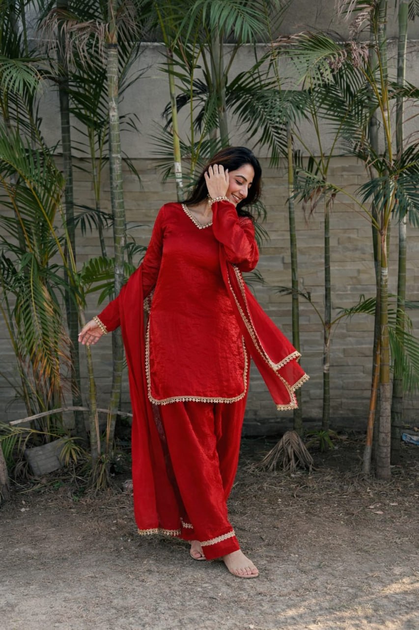 Premium Fendi Silk Embroidered Kurta Set with Mirror Work & Lace Border for Women-RO13902_1155