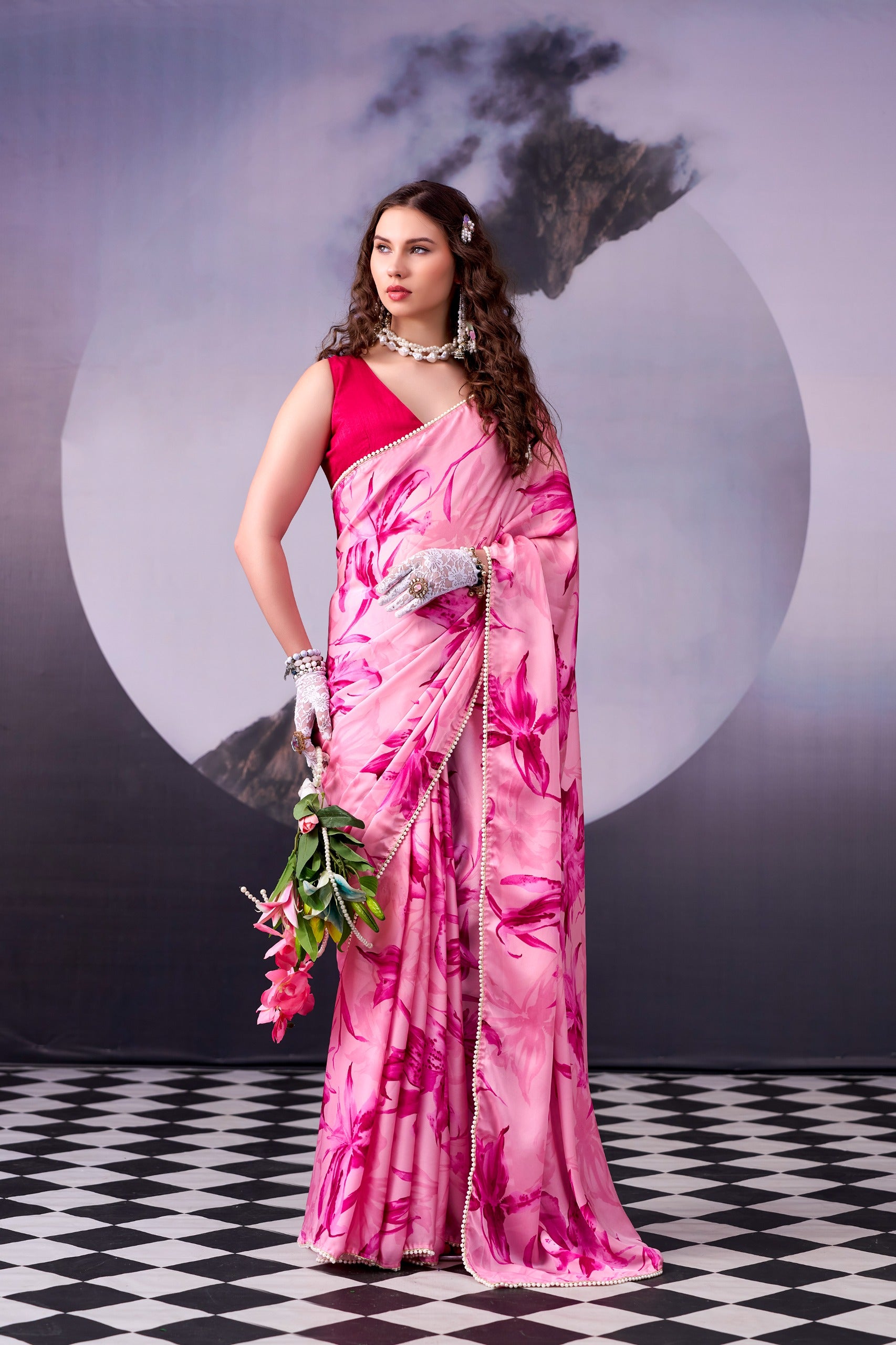 Satin Silk Floral Print Saree with Pearl Lace Border – KALKI-04.699SS