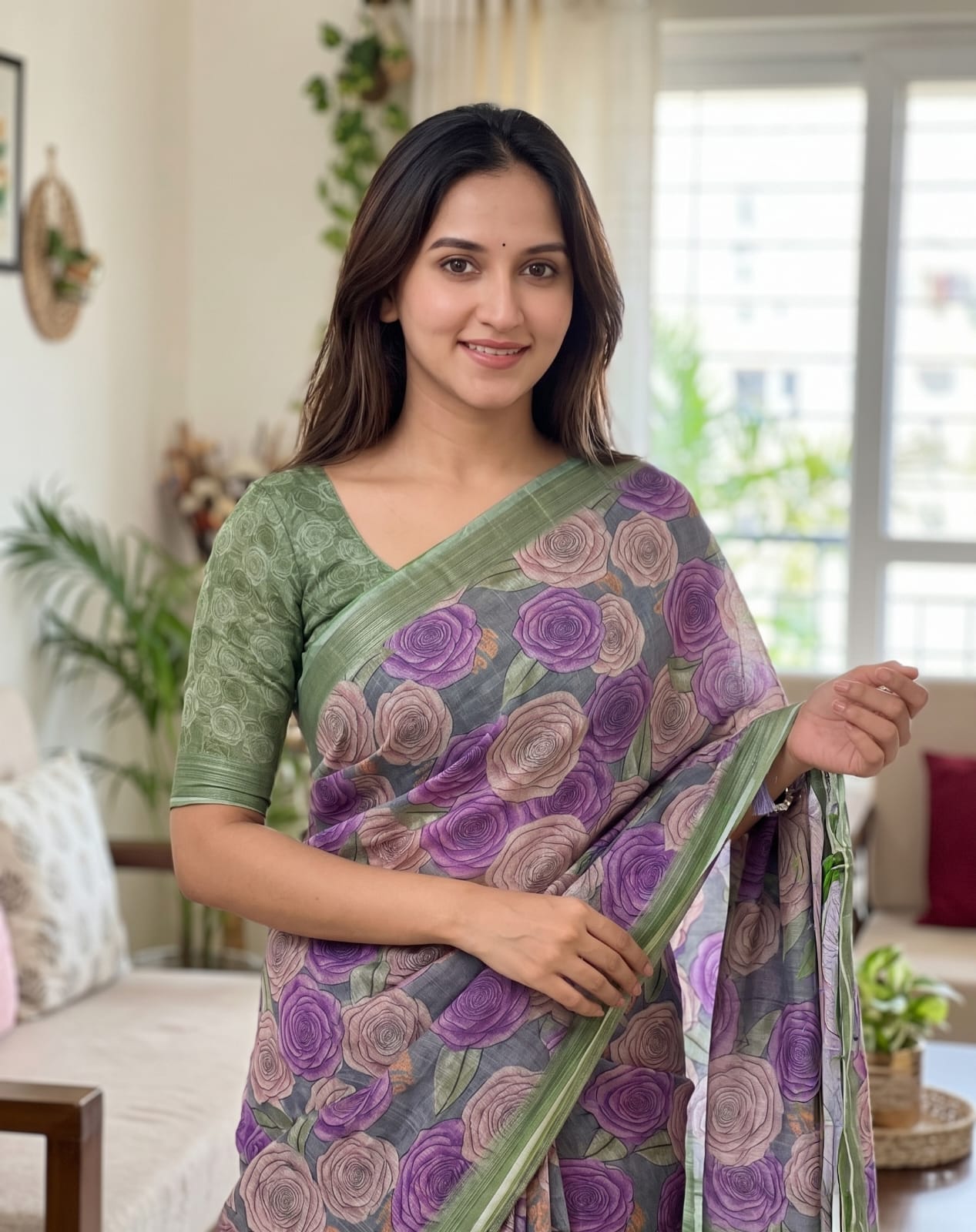Linen Saree with Silver Jari Border – MG357.560SS