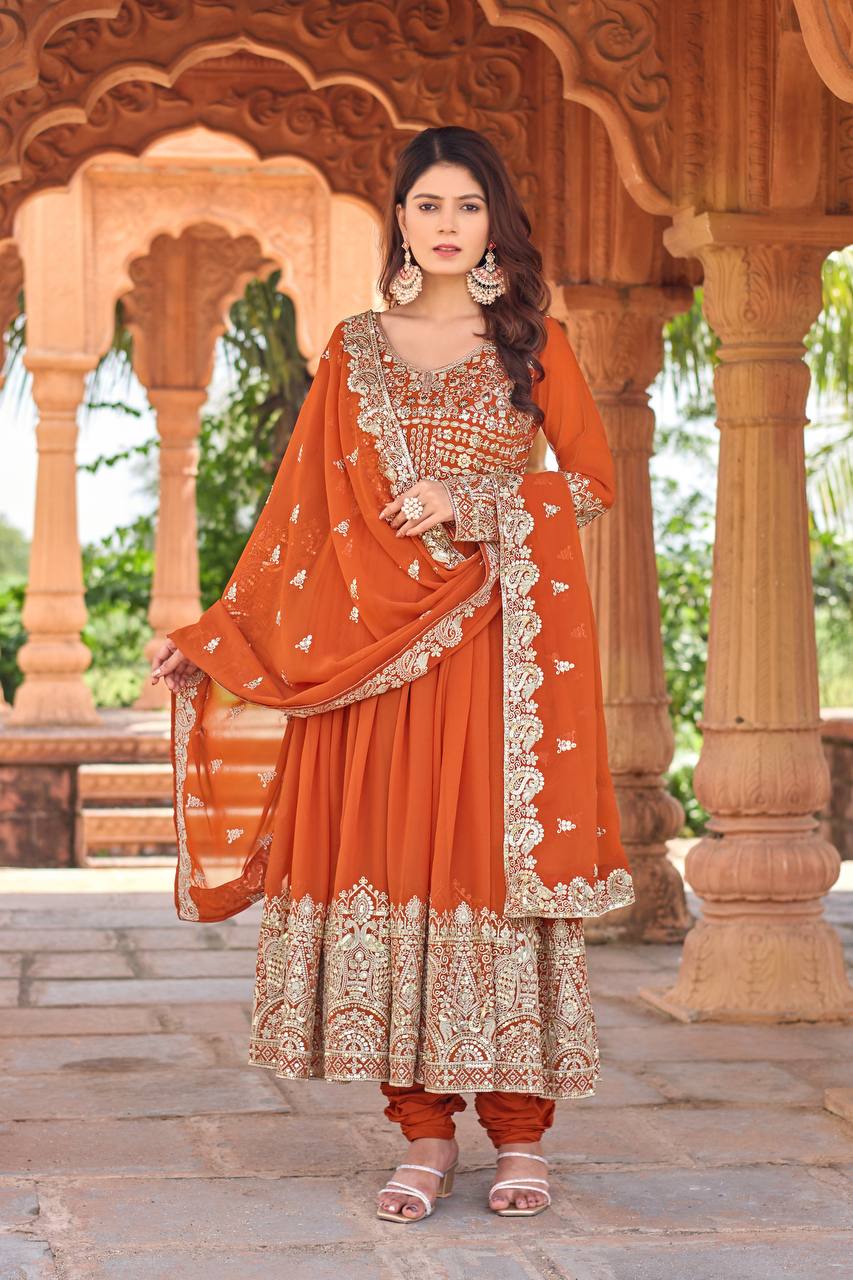 Elegant Party Wear Embroidered Georgette Anarkali Gown Set (Gown, Dupatta & Bottom)