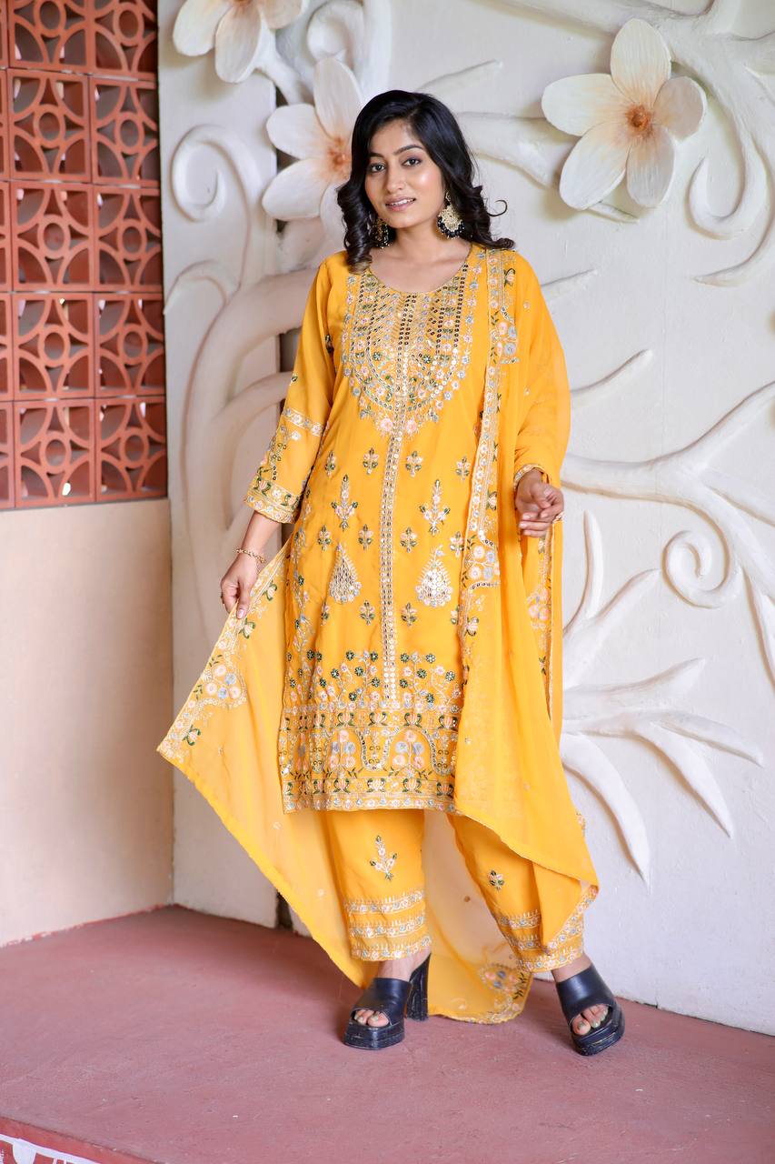 Exclusive Faux Georgette Silk Embroidered Kurti Set with Dupatta | Premium Party & Festive Wear (3 Pc Set)