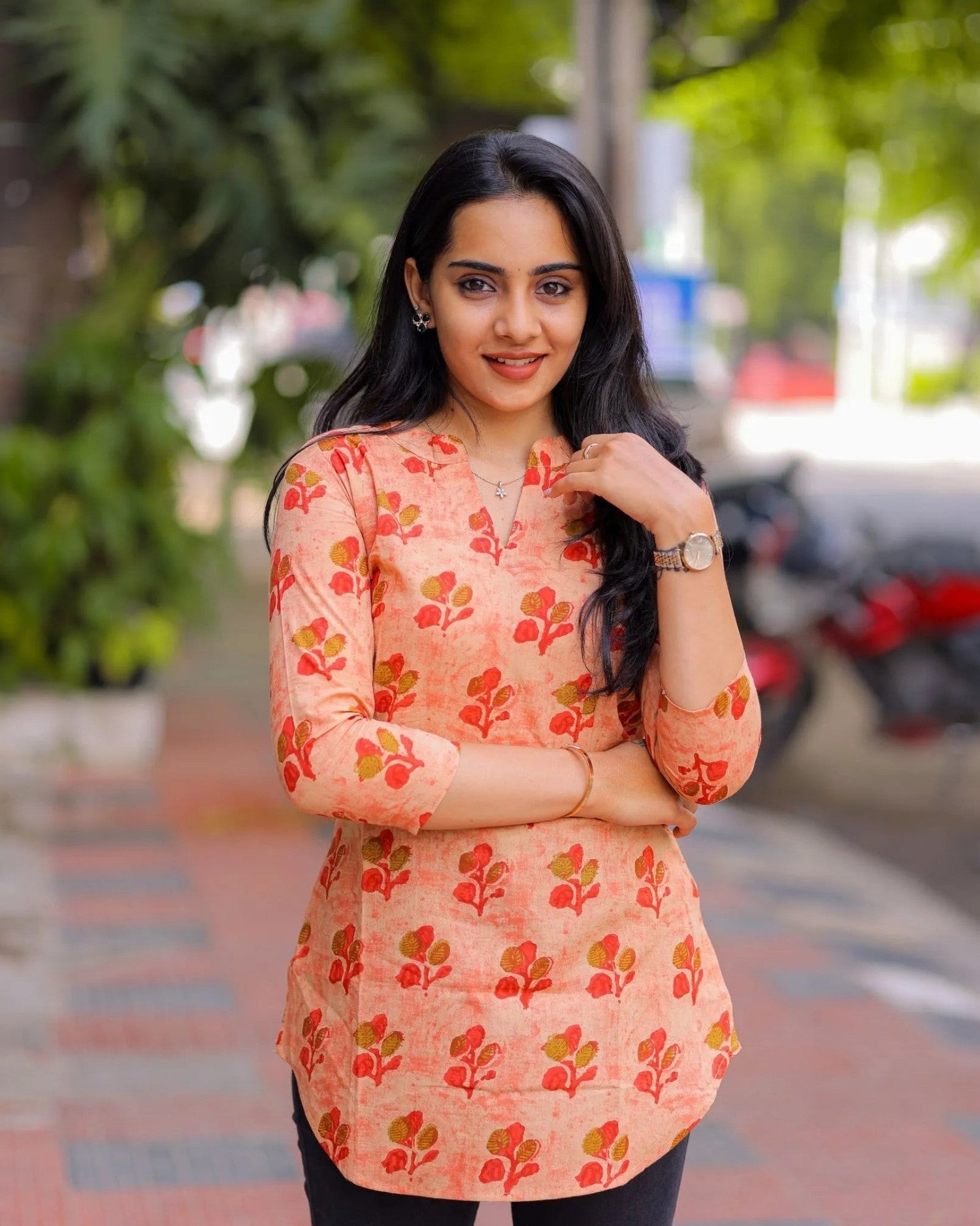 Orange Floral Cotton Short Top