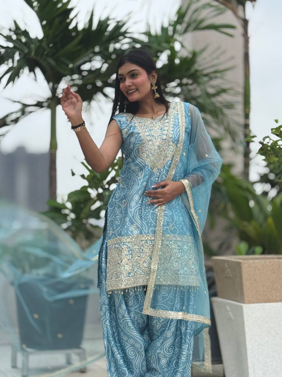 Designer Chinon Silk Embroidered Dhoti Set with Dupatta | Ready-to-Wear Collection