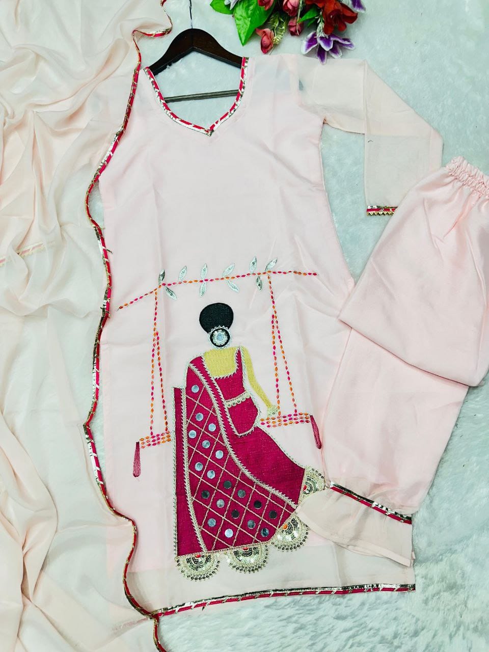 Designer Star Georgette Embroidered Sharara Set with Real Mirror Work | Party & Festive Wear (3 Pc Set)