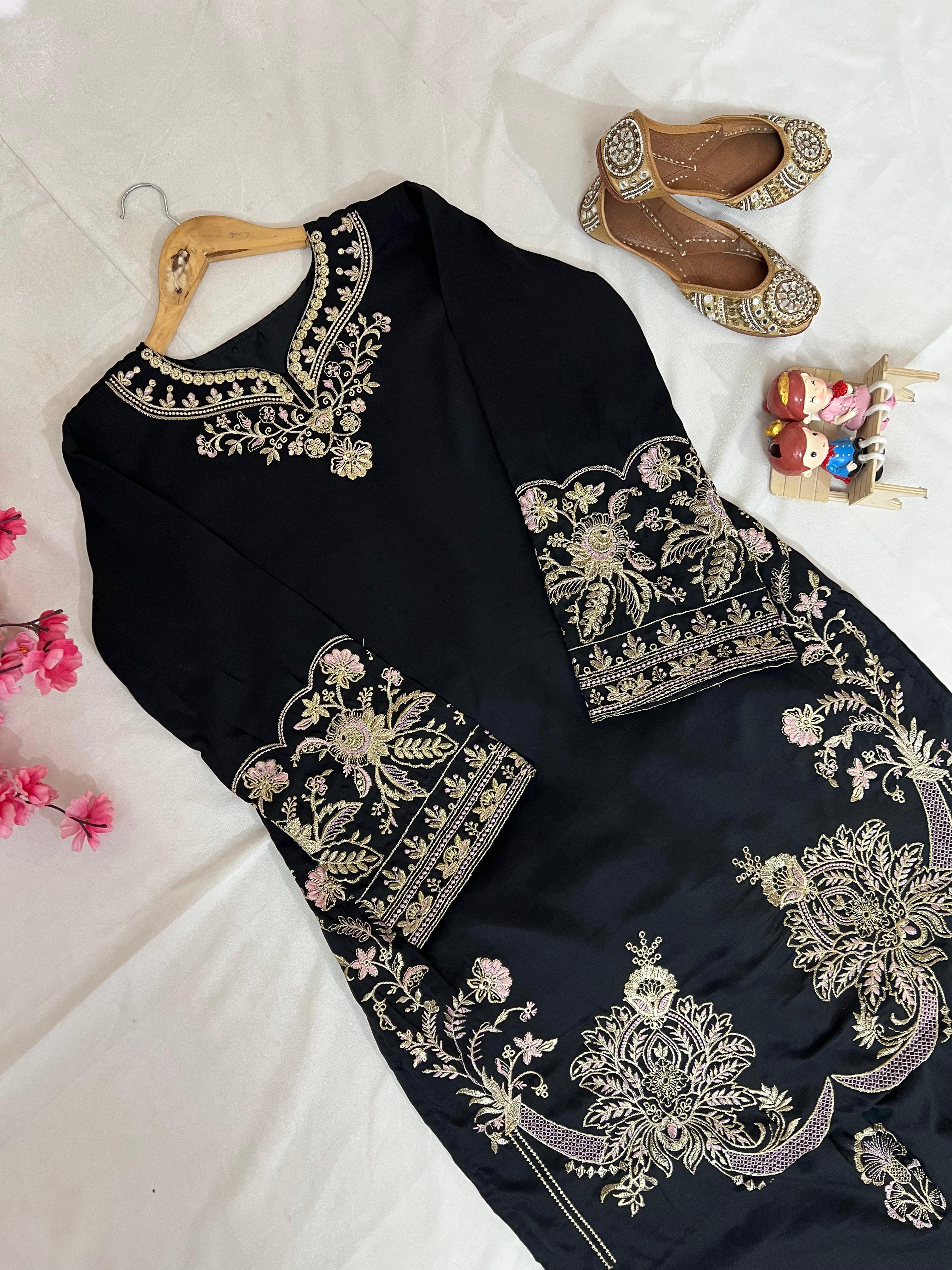 Elegant Black Muslin Cotton Embroidered Kurti Palazzo Set for Women – Premium Co-Ord Set_ssvf(LC 1392)