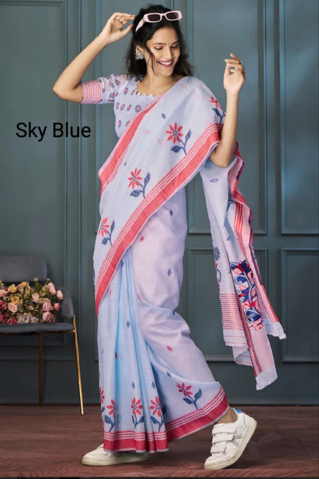 Plain Linen Digital Print Saree – MG665.560SS