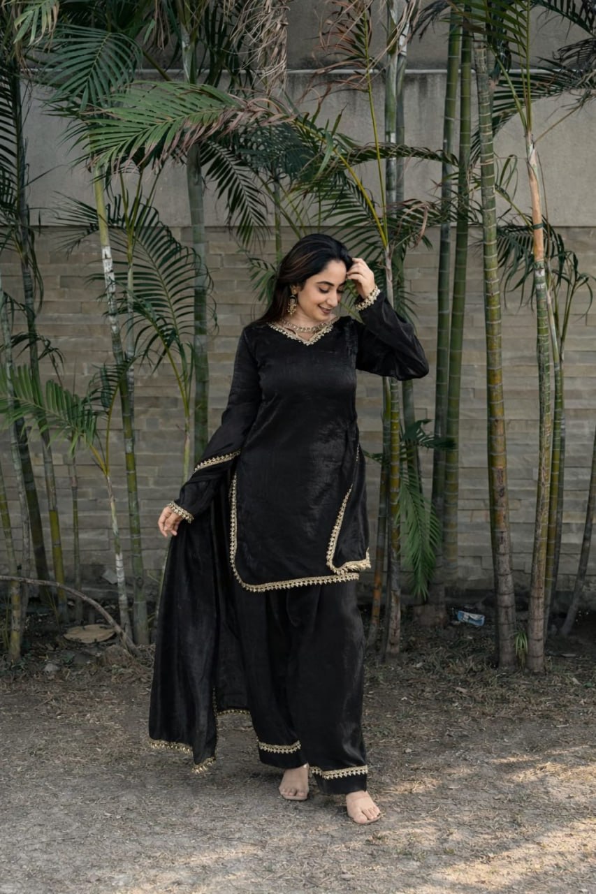 Premium Fendi Silk Embroidered Kurta Set with Mirror Work & Lace Border for Women-RO13902_1155