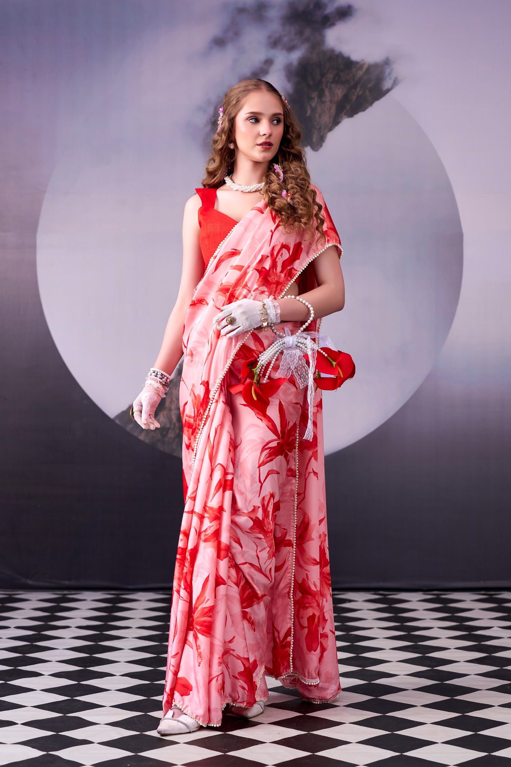 Satin Silk Floral Print Saree with Pearl Lace Border – KALKI-04.699SS