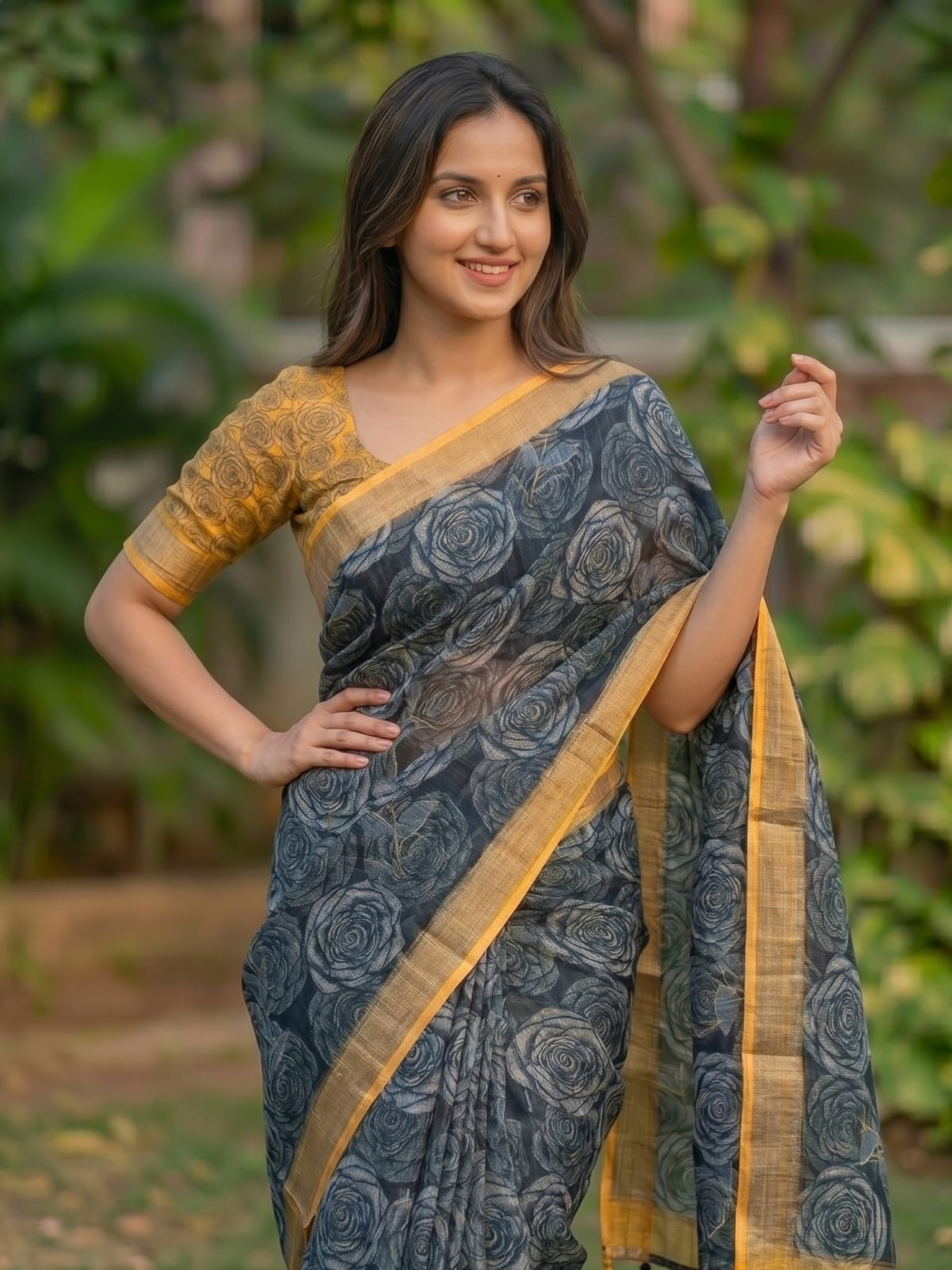 Linen Saree with Silver Jari Border – MG357.560SS